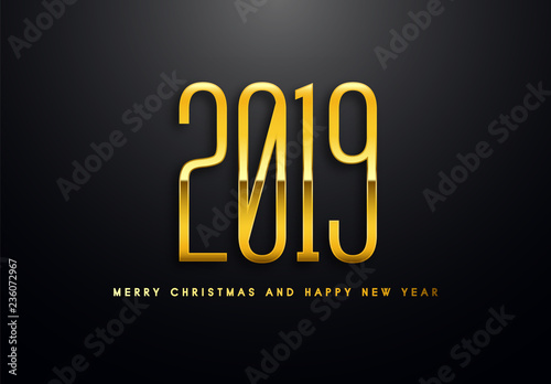 Merry Christmas and Happy New Year text design. Vector greeting illustration with golden numbers.