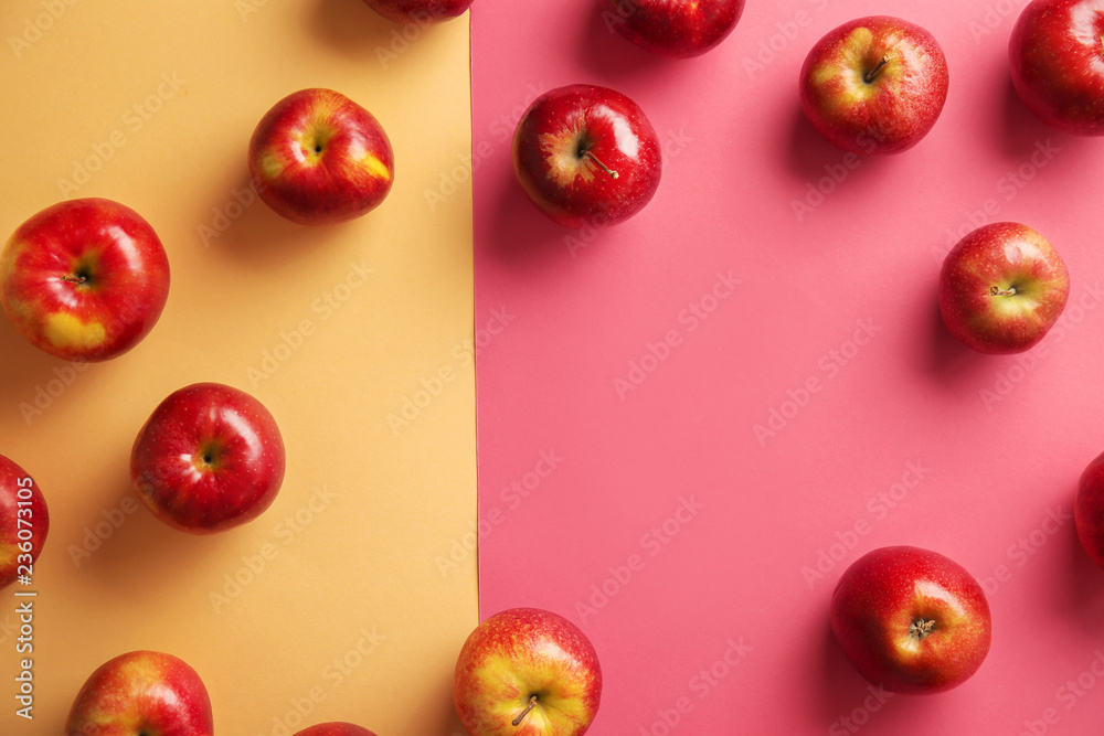 Ripe tasty apples on color background, top view Ripe tasty apples on color background, top view
