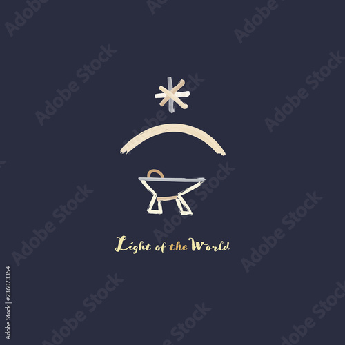Christmas time. Manger with baby Jesus and star of Bethlehem in watercolor style. Text : Light of the world.
