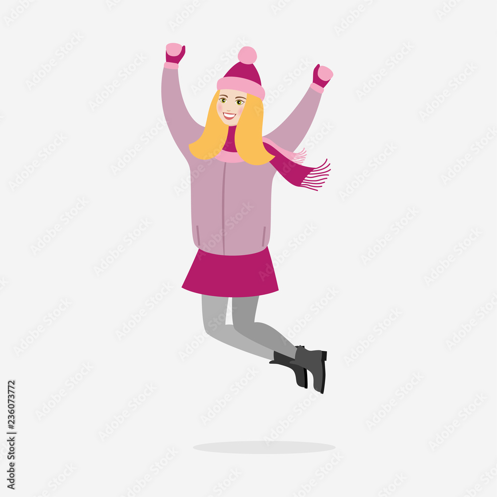 Happy girl in a winter pink jacket and hat jumped. Flat illustration on white background.