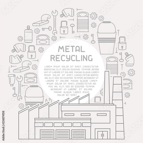 Placard with metal trash,  processing plant and sample text. Linear style vector illustration