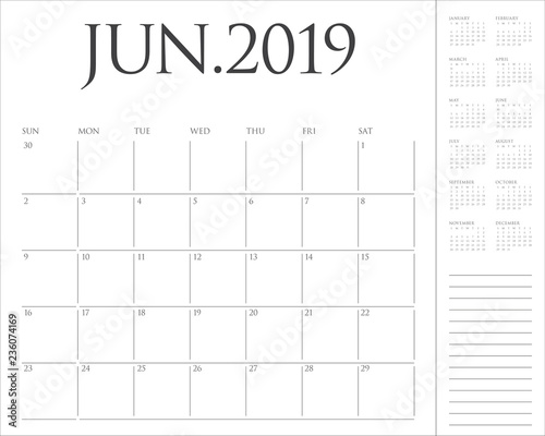 June 2019 desk calendar vector illustration