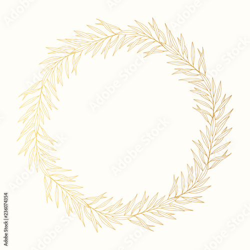 Hand drawn vintage olive branch golden  laurel wreath. Greek gold round frame for oil label. Vector isolated illustration.