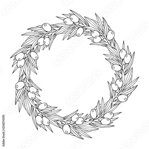 Hand drawn vintage Greek olive laurel wreath. Branch invitation frame. Botanical border. Vector isolated illustration.