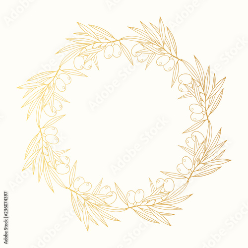 Hand drawn vintage golden olive branch wreath. Greek gold round frame for oil label. Vector isolated illustration.