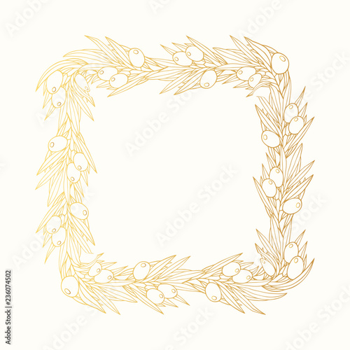 Golden hand drawn olive branch laurel wreath. Greek oliva leave for invitation. Square gold frame. Vector isolated illustration.