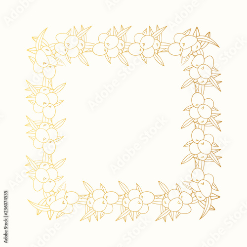Hand drawn vintage olive branch golden laurel wreath. Greek gold olive leave square frame for oil label. Vector isolated illustration.