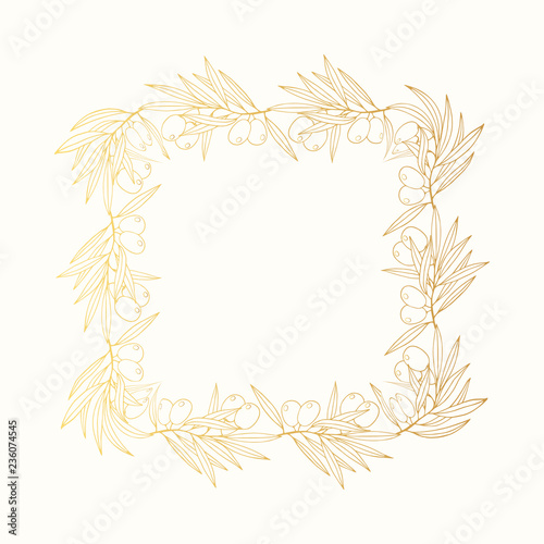 Golden hand drawn olive branch wreath. Greek leave border for invitation. Square gold oliva frame. Vector isolated illustration.