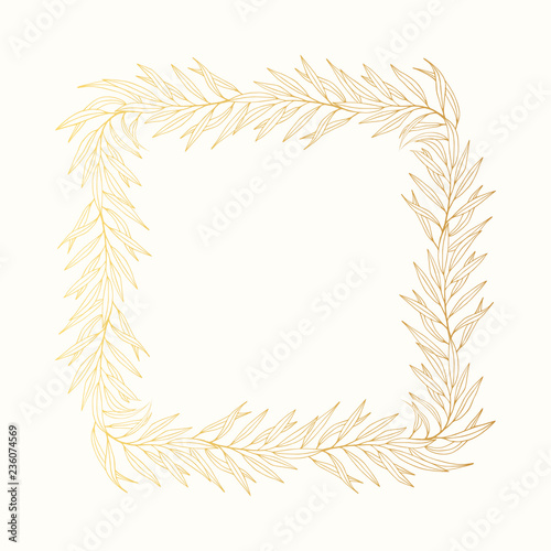 Hand drawn vintage olive branch golden laurel wreath. Greek gold olive leave square ornate frame for oil label. Vector isolated illustration.