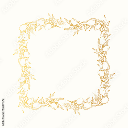 Golden hand drawn olive branch laurel wreath. Greek leave border for invitation. Square gold oliva frame. Vector isolated illustration.