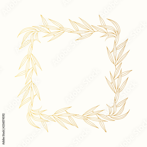Golden hand drawn olive branch laurel wreath. Greek oliva leave border for invitation. Square gold frame. Vector isolated illustration.