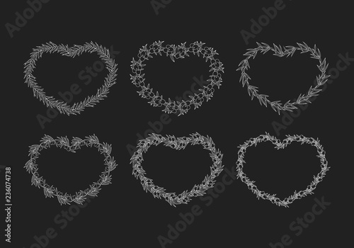 Set of Greek olive laurel wreaths. hand drawn invitation heart shape frame. Vector isolated illustration.
