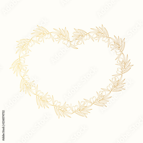 Hand drawn greek golden olive laurel wreath. Invitation gold heart shape frame. Vector isolated illustration.