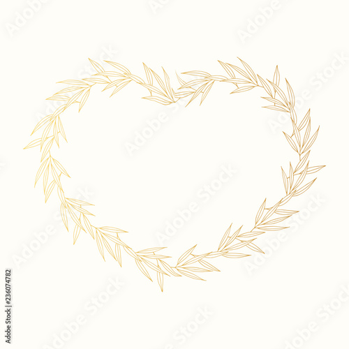Hand drawn golden heart shape olive wreath. Gold botanical invitation frame. Vector isolated illustration.