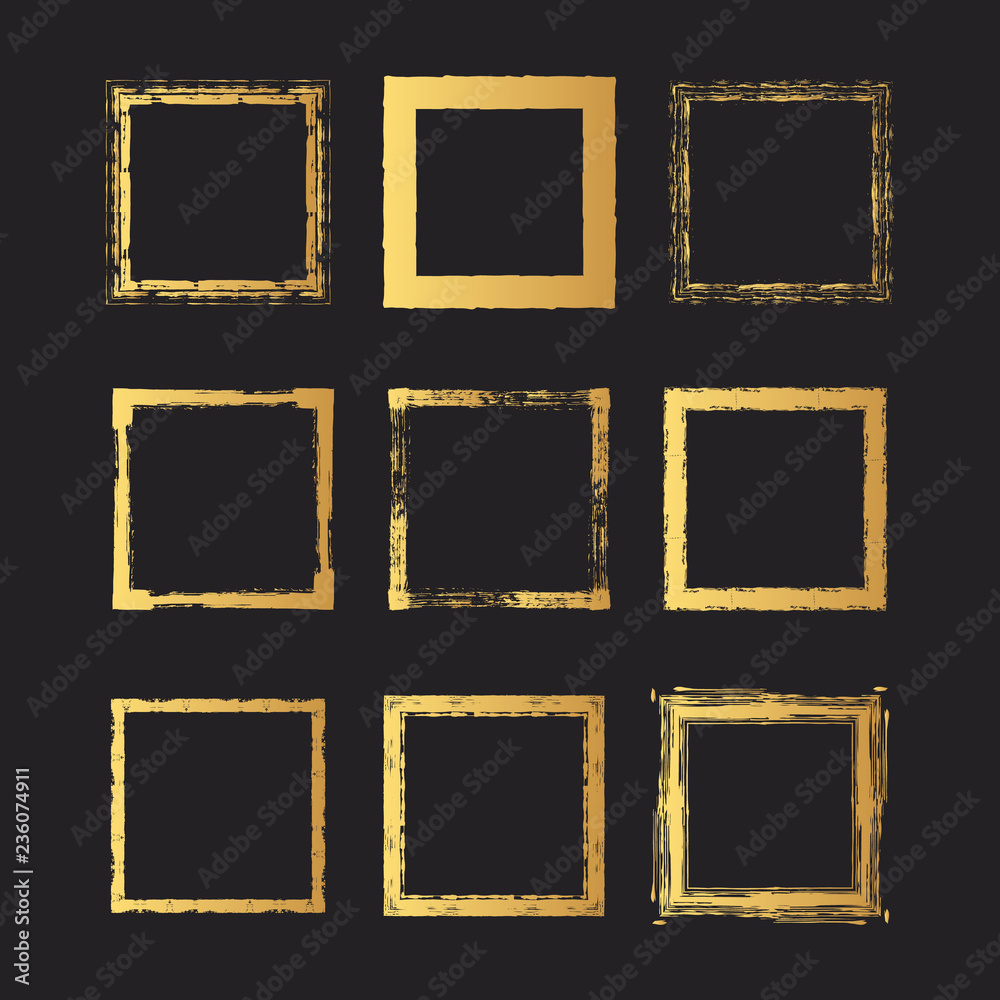 Rough gold grunge Japanese square frames set. Golden ink torn box. Vector isolated illustration. Rough gold grunge Japanese square frames set. Golden ink torn box. Vector isolated illustration.