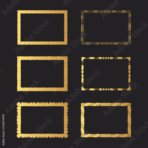 Set of rough gold grunge Japanese rectangular frames. Golden foil ink torn box. Vector isolated background.