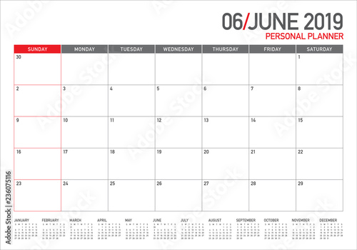 June 2019 desk calendar vector illustration