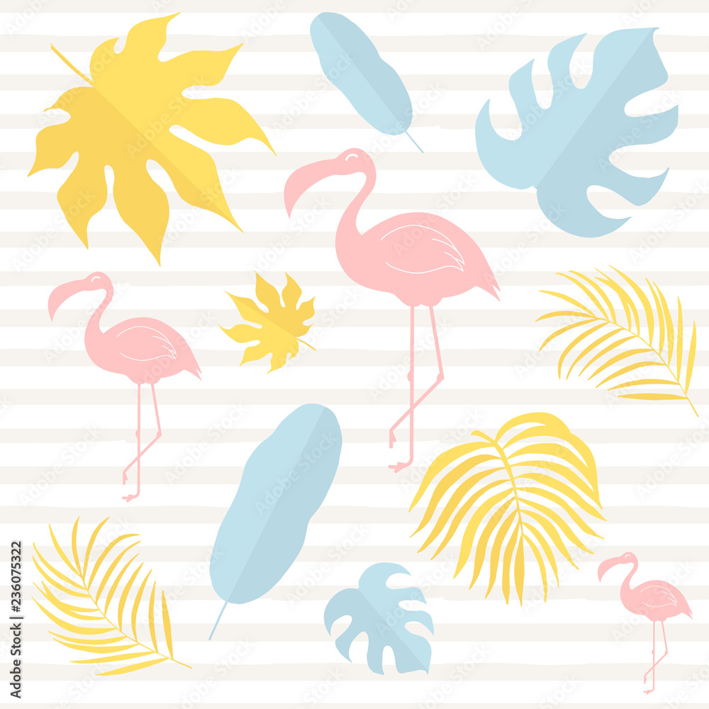 Hand drawn pastel tropical rainforest leaves. Aralia, monstera, banana, palm  cute leaf. Baby flamingo card. Vector isolated illustration.
