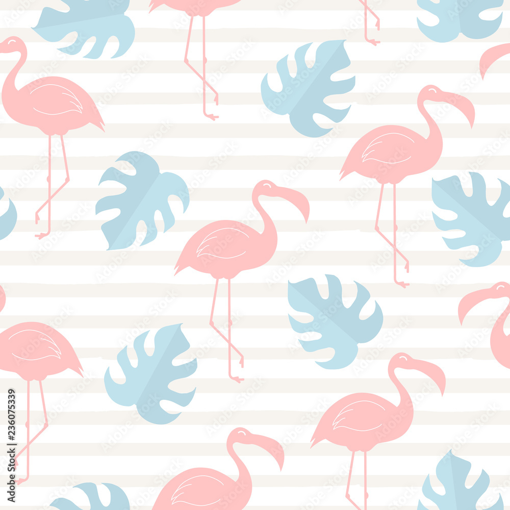 Hand drawn pastel tropical leaves and flamingo seamless pattern. Monstera cute baby leaf. Vector isolated illustration. Hand drawn pastel tropical leaves and flamingo seamless pattern. Monstera cute baby leaf. Vector isolated illustration.