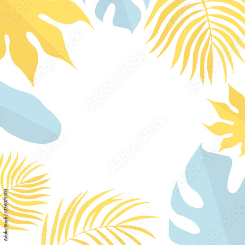 Hand drawn pastel tropical leaves wedding frame. Aralia, monstera, banana, coconut palm leaf border for cute baby invitation card. Vector isolated illustration.
