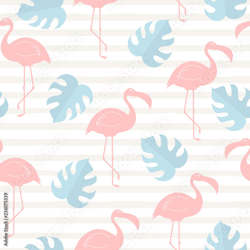 Hand drawn pastel tropical leaves and flamingo seamless pattern. Monstera cute baby leaf. Vector isolated illustration.