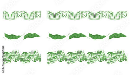 Hand drawn palm, banana leaves borders. Tropical leaf brush stroke for invitation card. Vector isolated illustration.