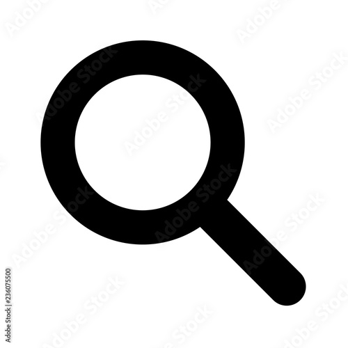Black vector search icon isolated on white. Magnifying glass logo. Loupe pictogram, symbol. Flat style design element.