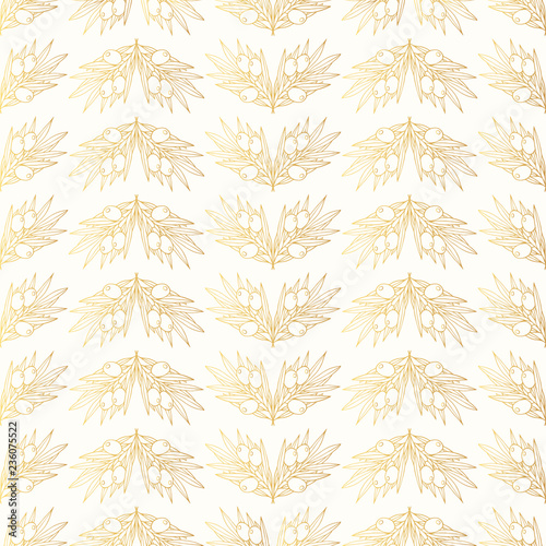 Golden olive branch seamless pattern. Hand drawn wallpaper gold background. Vector isolated illustration.