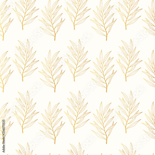 Seamless pattern with golden olive branch . Hand drawn wallpaper background. Vector isolated illustration. Gold botanical design.