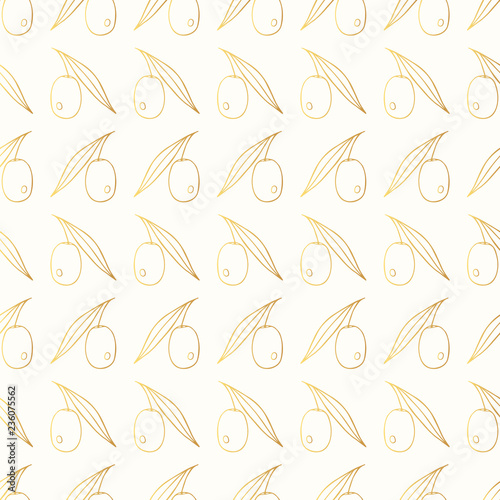 Golden olive branch seamless pattern. Hand drawn gold wallpaper background. Vector isolated illustration.