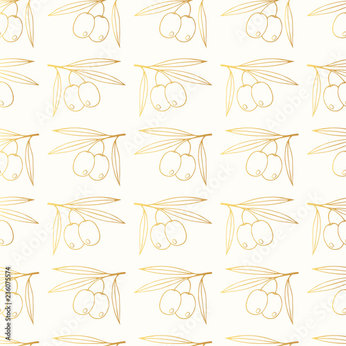 Hand drawn olive golden branch seamless pattern. Gold oliva wallpaper background. Vector isolated illustration.
