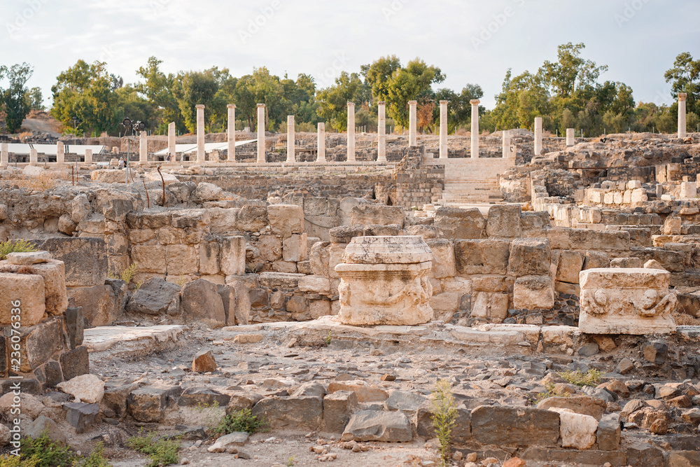 Archaeological Excavations of ancient street and columns in archaeological site Scythopolis, Beit Shean National Park, Jordan Valley, Israel. Ruins of the roman period