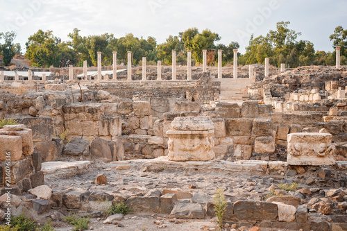 Archaeological Excavations of ancient street and columns in archaeological site Scythopolis, Beit Shean National Park, Jordan Valley, Israel. Ruins of the roman period