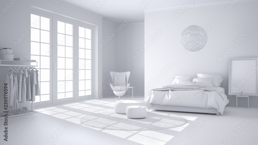 Total white project of comfortable modern bedroom with wooden parquet floor, panoramic window, carpet, armchair and bed with blanket and pillows, minimal interior design Total white project of comfortable modern bedroom with wooden parquet floor, panoramic window, carpet, armchair and bed with blanket and pillows, minimal interior design