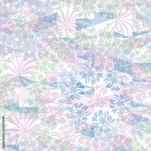 Abstract floral geometric seamless pattern with flowers and triangles. Psychodelic pattern in light pastel  for textiles  sportswear  swimwear  paper  web  apparel.