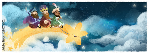 reyes magos volando con estrella en navidad