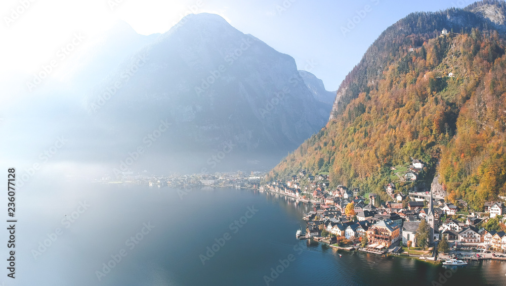 Aerial morning view of Hallstatt, Austria