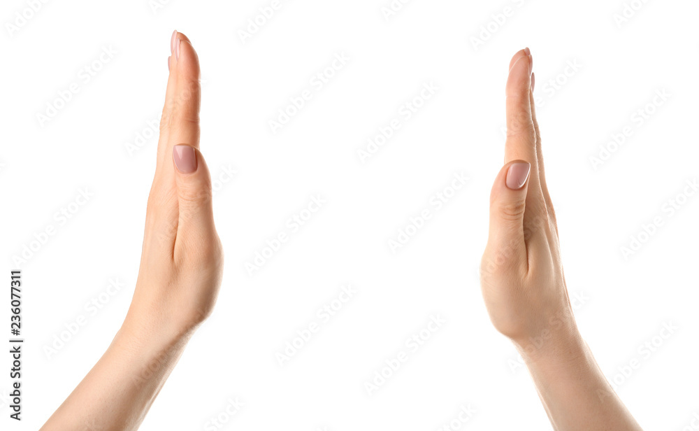 Female hands holding something on white background Female hands holding something on white background