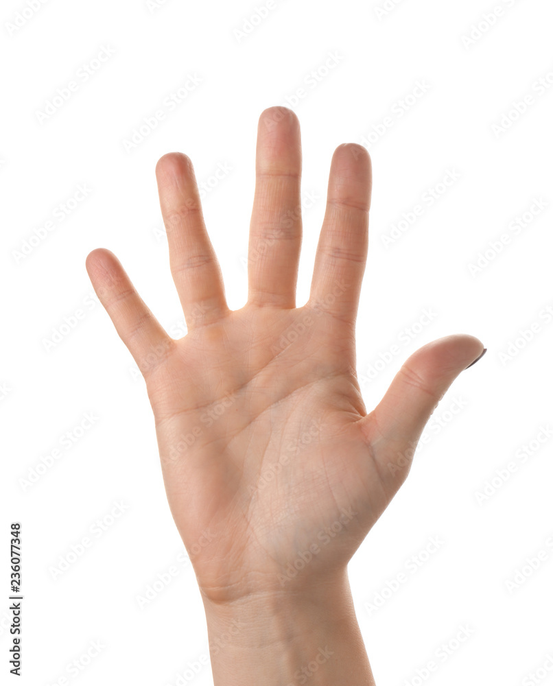 Female hand showing five fingers on white background Female hand showing five fingers on white background