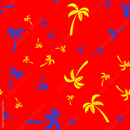 Randomly arranged Yellow and Blue palms on red background. Seamless texture pattern.