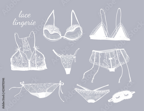 Hand drawn lace lingerie. Graphic vector set. White elements, grey background. All elements are isolated