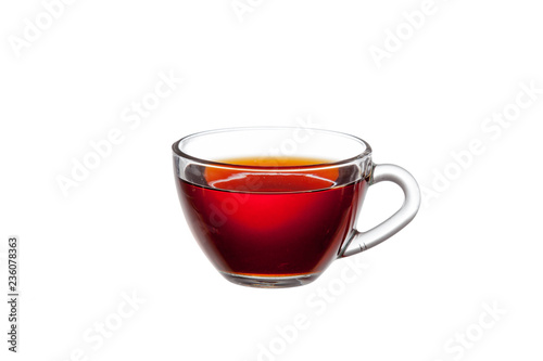 Glass cup of tea on white background