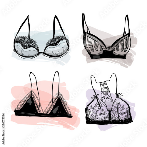 Hand drawn lace bras. Graphic vector set. All elements are isolated