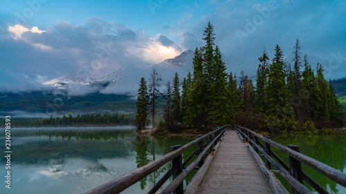 Sunrise at pyramid lake in Jasper national park