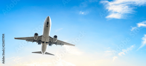 Airplane flying in the blue sky,panoramic view
