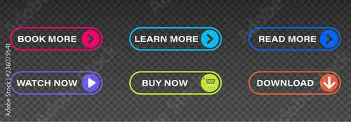 Set of vector modern trendy flat buttons. Trendy colors with transparent background. Read More, learn more, buy now, download, watch now, book more colorful button set