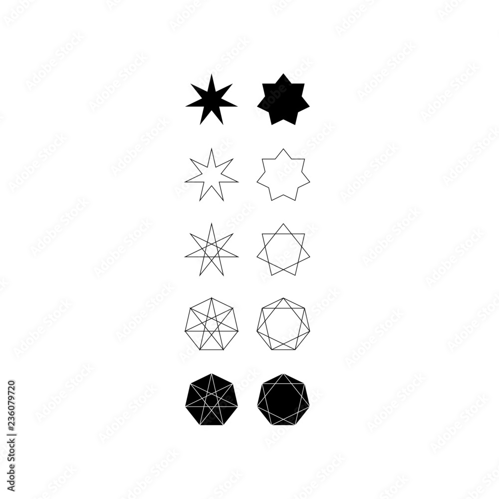 Set of different styles of seven pointed star and septagons. Stock ...