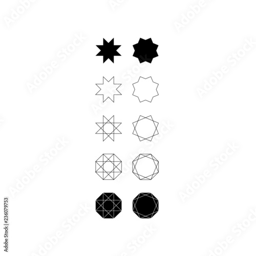 Set of ten different styles of eight pointed star (octagram) and octagons.