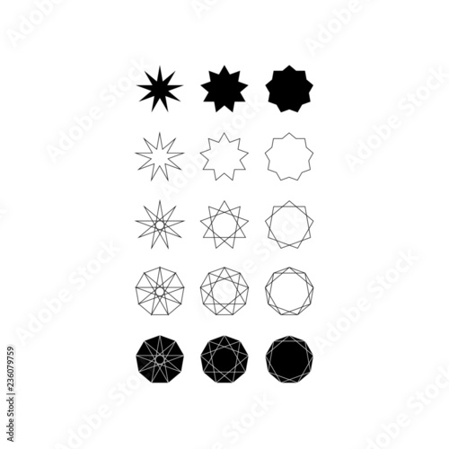 Set of fifteen different styles of nine pointed star (Nonagram) and Nonagon.