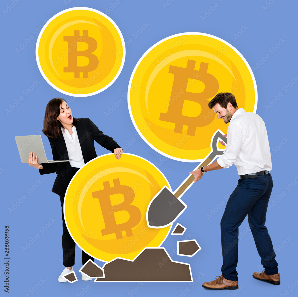 Businesspeople mining bitcoin cryptocurrency electronic cash